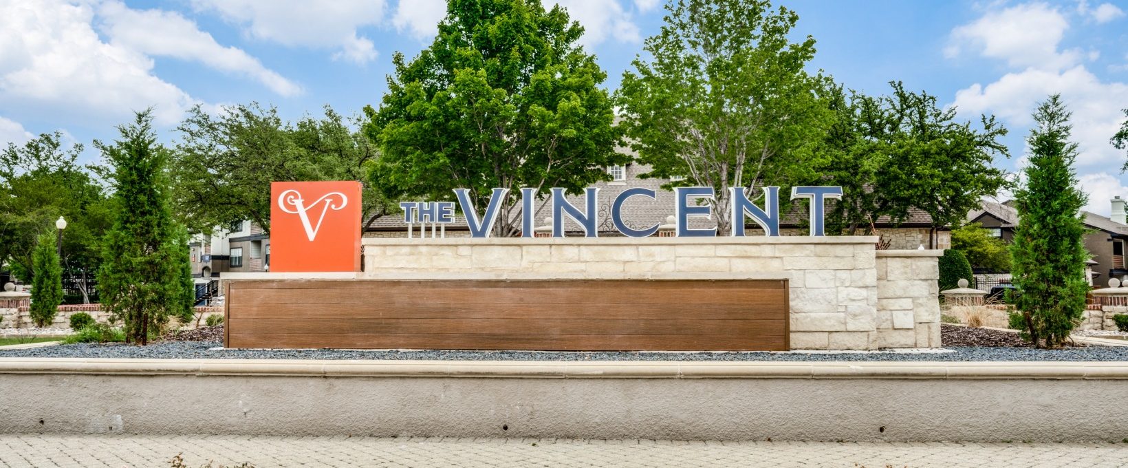 the sign for the new apartment complex in the city at The  Vincent