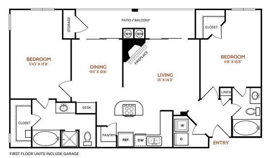 floor plan of a two bedroom apartment with two bathrooms at The  Vincent